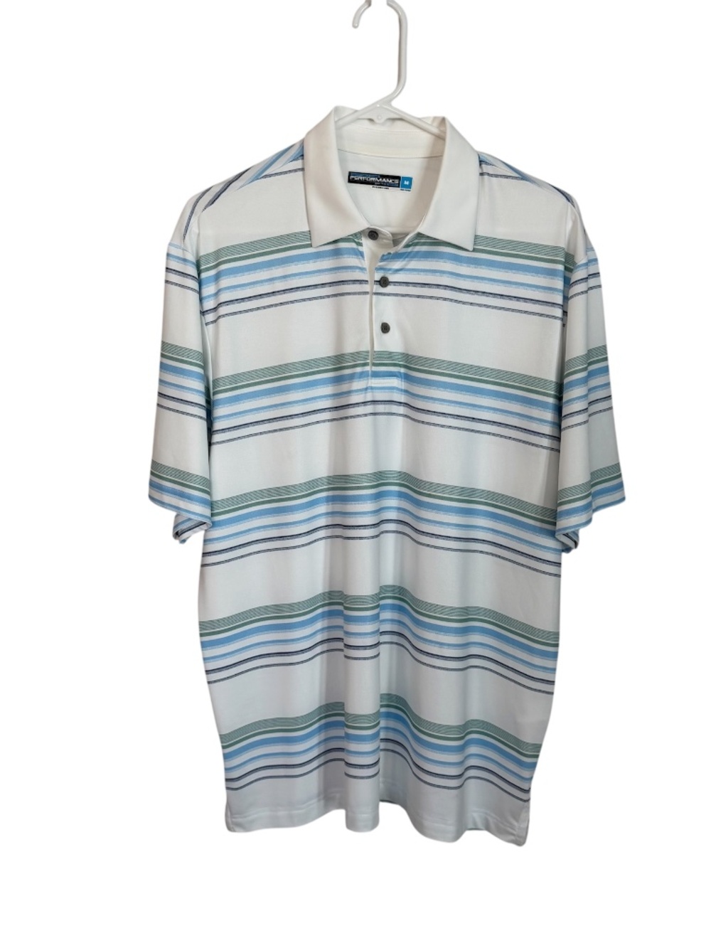 Roundtree & Yorke Performance Work Play Perform White Striped Polo Sz M GUC